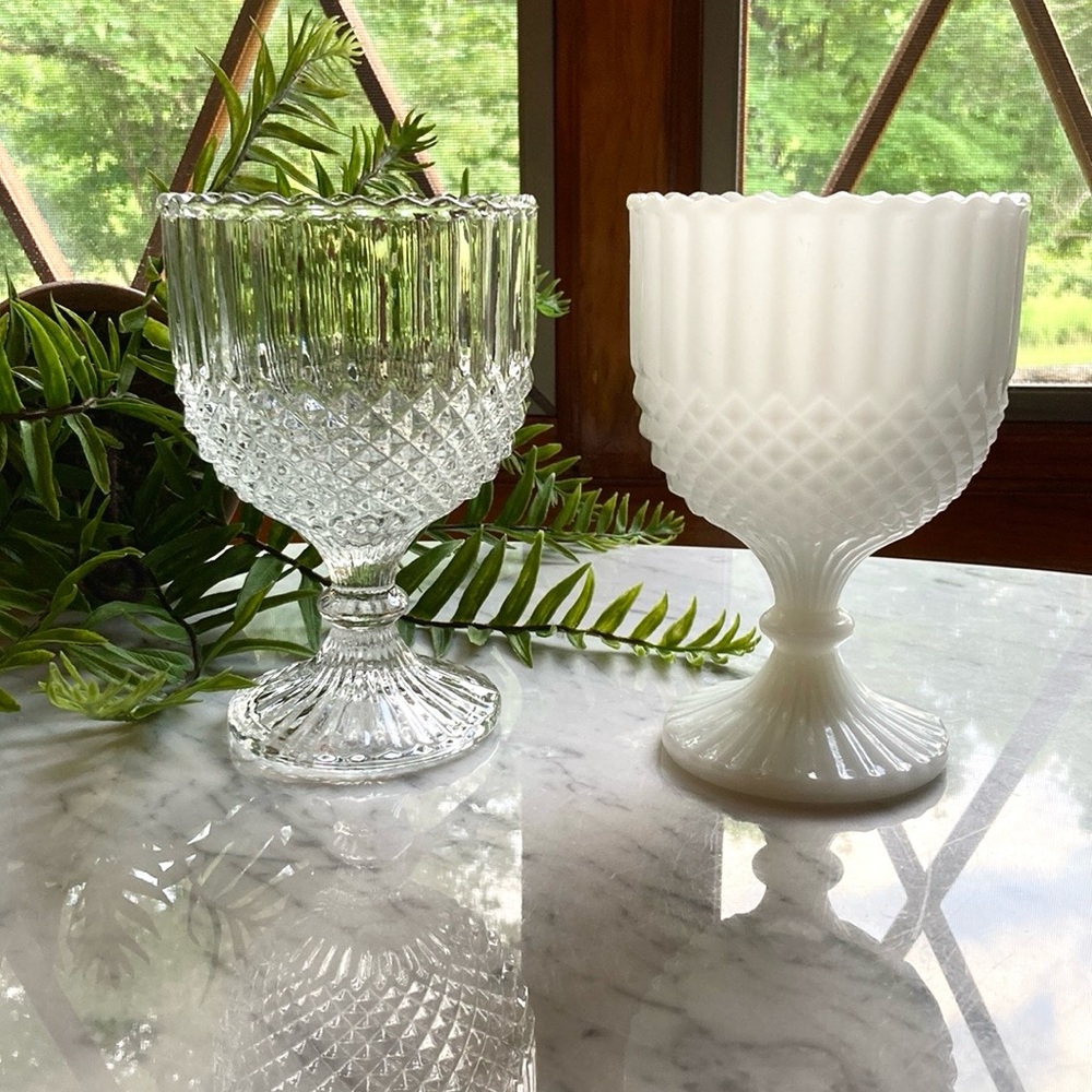 Vintage Sawtooth Edge Milk Glass And Clear Goblet Compotes